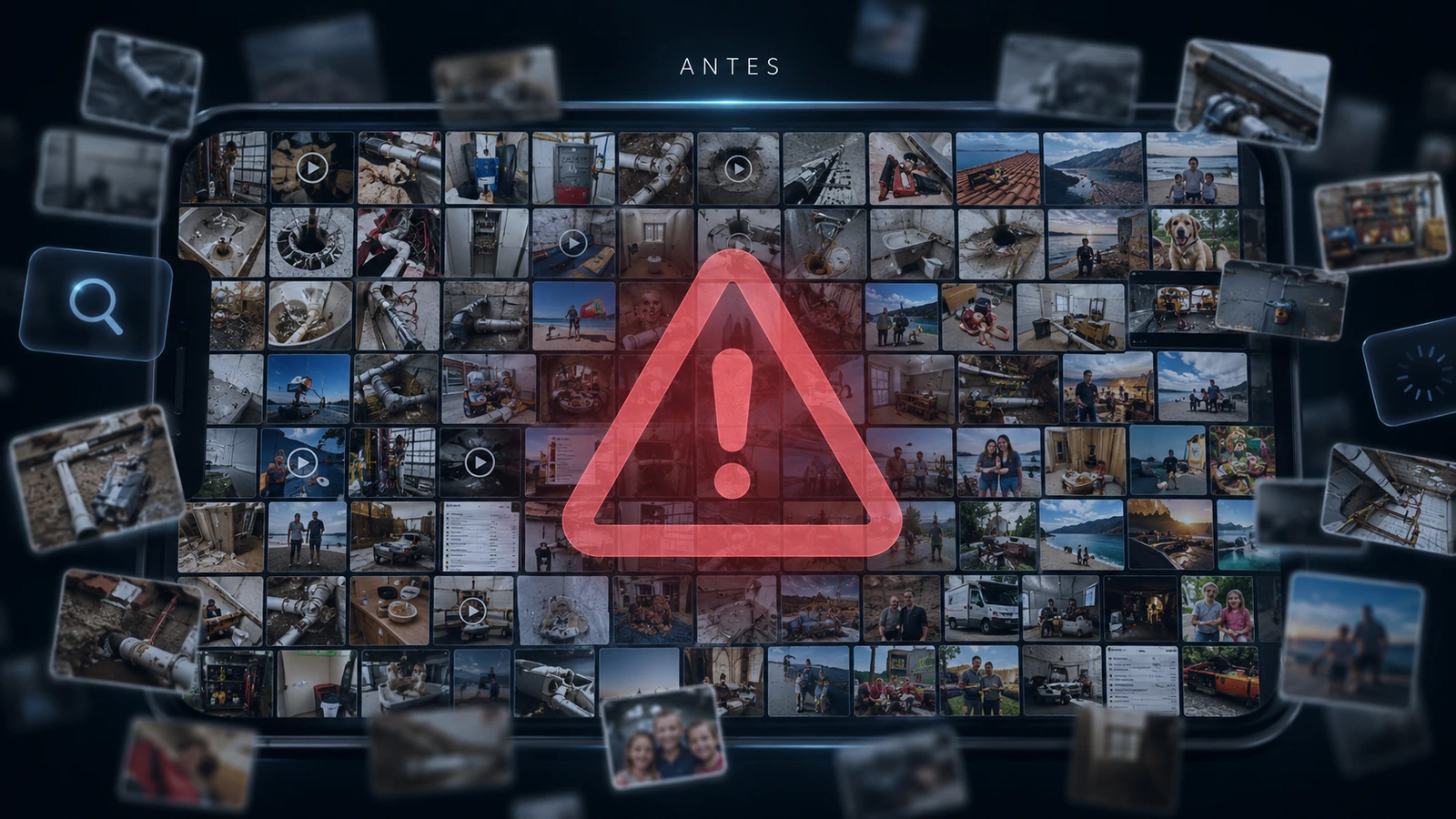 Composição visual do antes, com galeria, mensagens, notas e registros espalhados sem organização